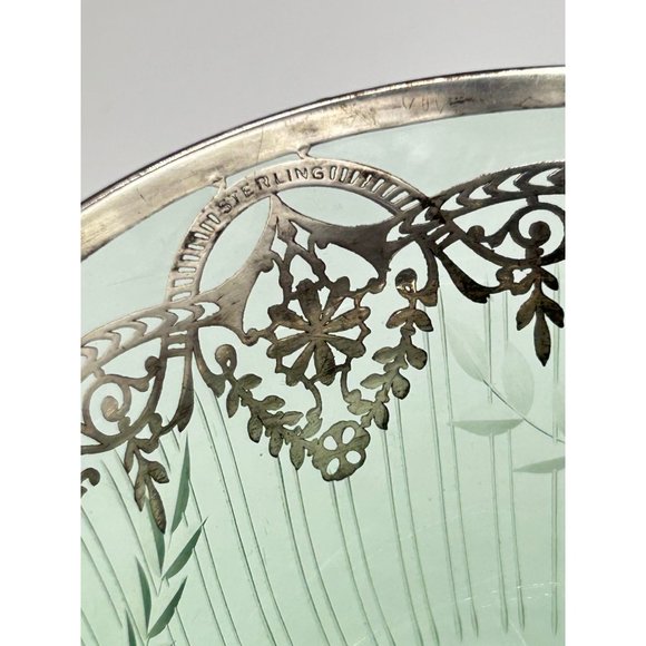 Vintage Green Glass Pedestal Bowl Footed Dish Sterling Silver Overlay Design - Picture 5 of 9